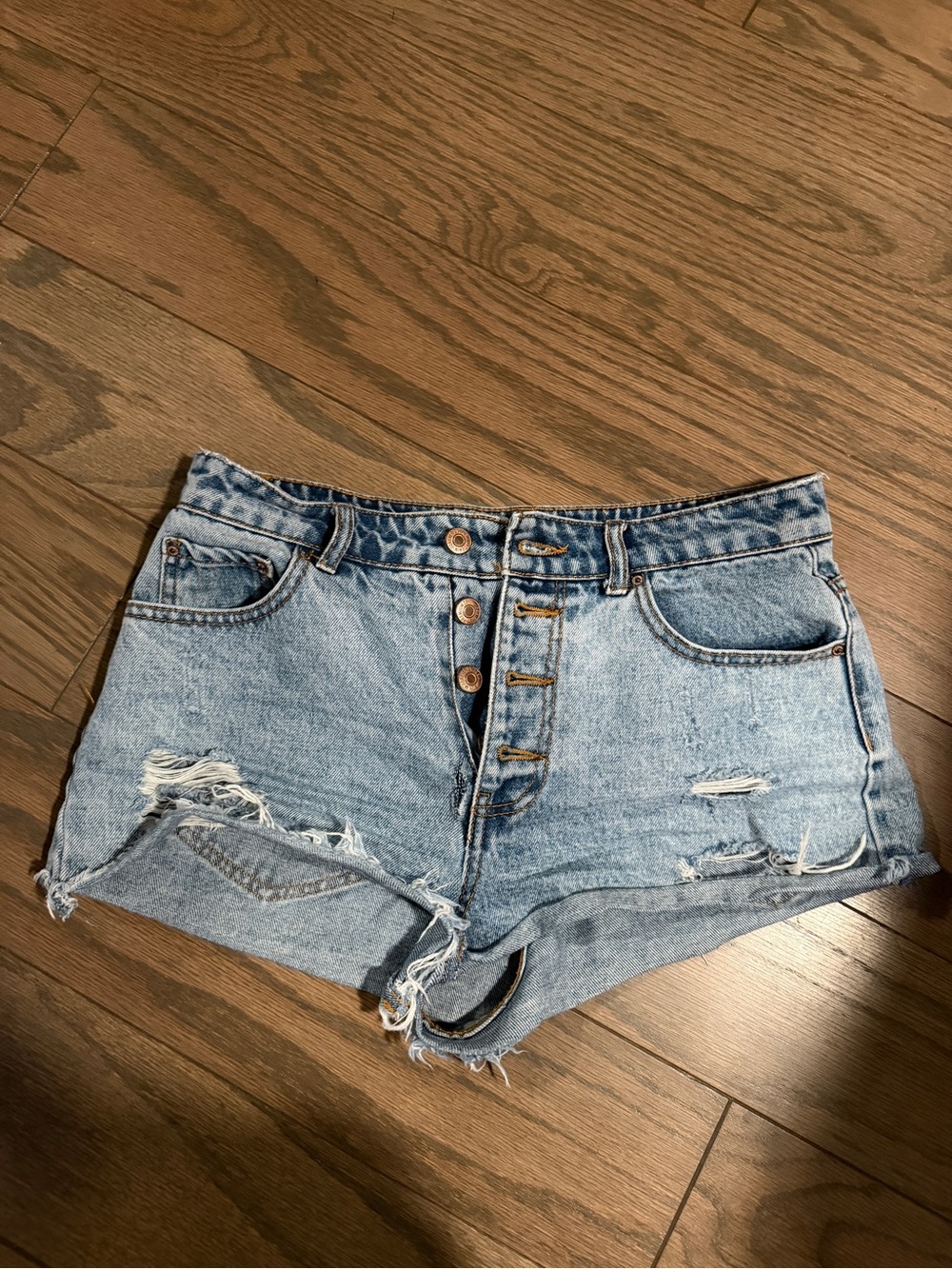 Forever 21 Light Blue Distressed Button-Front Denim Shorts